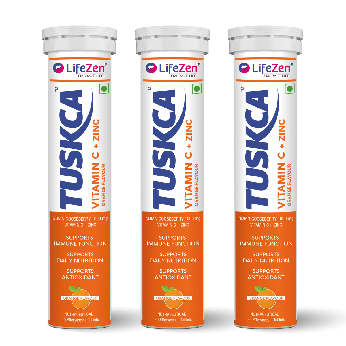 Three identical LifeZen Product Labs Tuskca Vitamin C + Zinc oral supplement tubes arranged side by side on a plain white background.