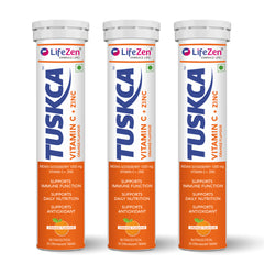 Three identical LifeZen Product Labs Tuskca Vitamin C + Zinc oral supplement tubes arranged side by side on a plain white background.