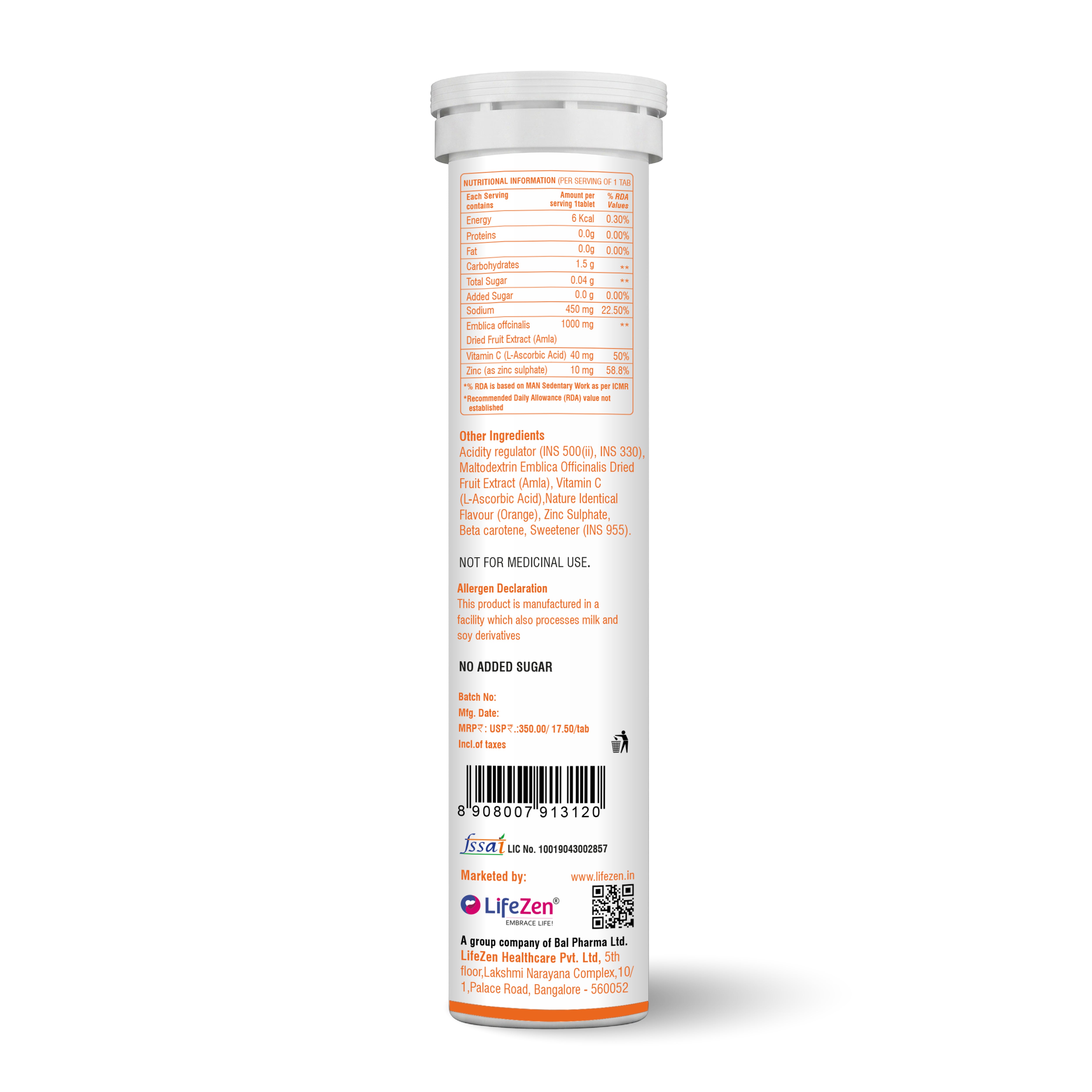 A tall white plastic supplement tube shown from the back, featuring a detailed orange and black nutrition facts label, barcode, and LifeZen Tuskca Vitamin C branding on a clean white background.