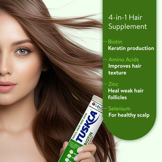 A person with long, shiny, and healthy-looking hair, representing the benefits of TUSKCA Biotin supplement for hair health.