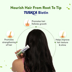 A person with long, shiny, and healthy-looking hair, representing the benefits of TUSKCA Biotin supplement.