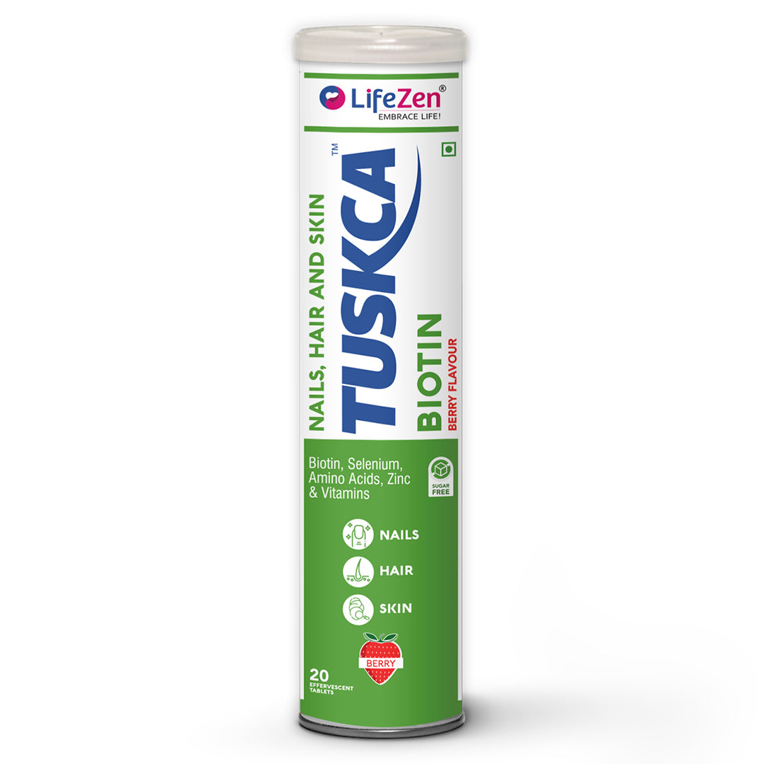 Tube of TUSKCA Biotin supplement for nails, hair, and skin on a white background.