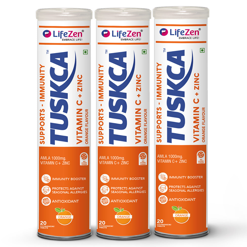 Three LifeZen TUSKCA vitamin C + Zinc supplement tubes on a white background