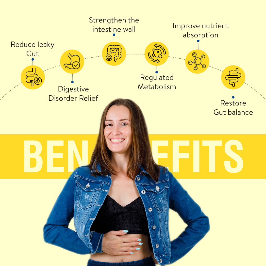 A smiling woman standing next to a graphic that highlights benefits of WonderPro Superprobiotic, such as improving gut health, digestion, nutrient absorption and metabolism.