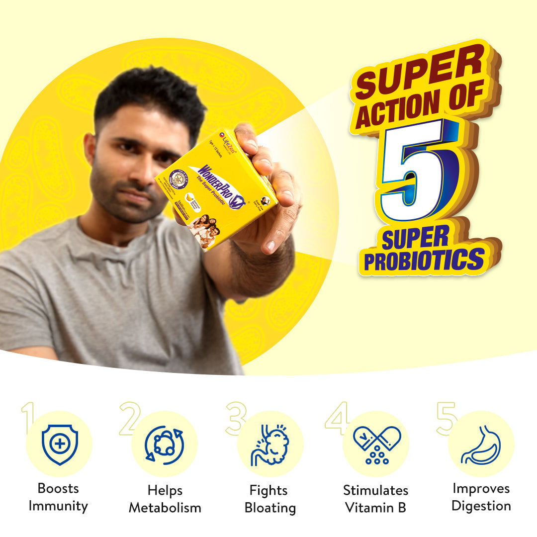 A man holding up a WonderPro Super Probiotic pack, with a graphic highlighting the product's five key benefits.