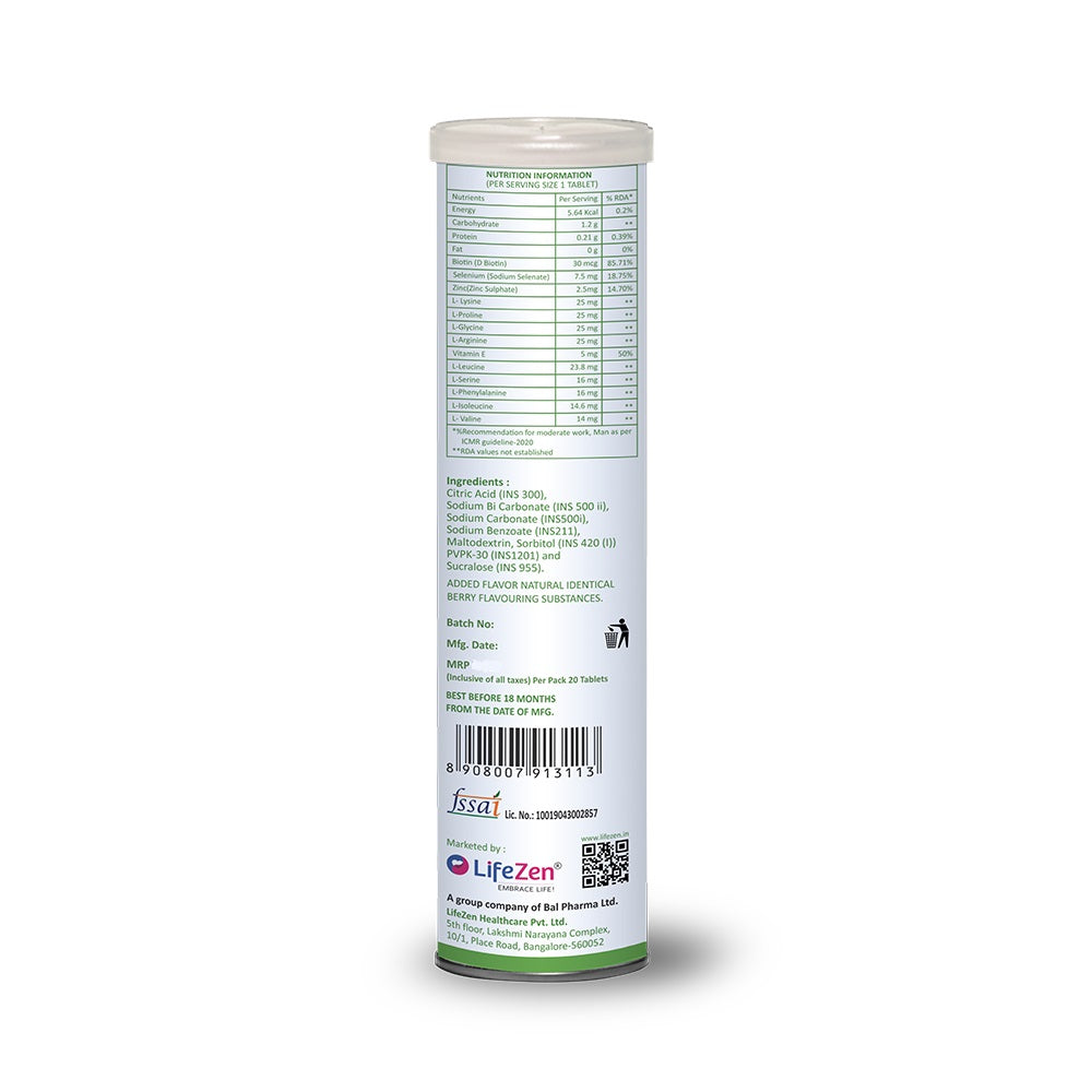 A backside photo of Tuskca Biotin Effervescent tablets. 