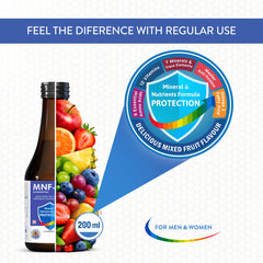 Bottle of nutritional supplement with colorful fruit illustration and text about mineral and nutrient formula.