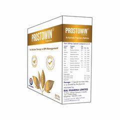 Side view of a box of PROSTOWIN capsules by BAL PHARMA with graphics indicating it is a product for prostate care and bladder relief.